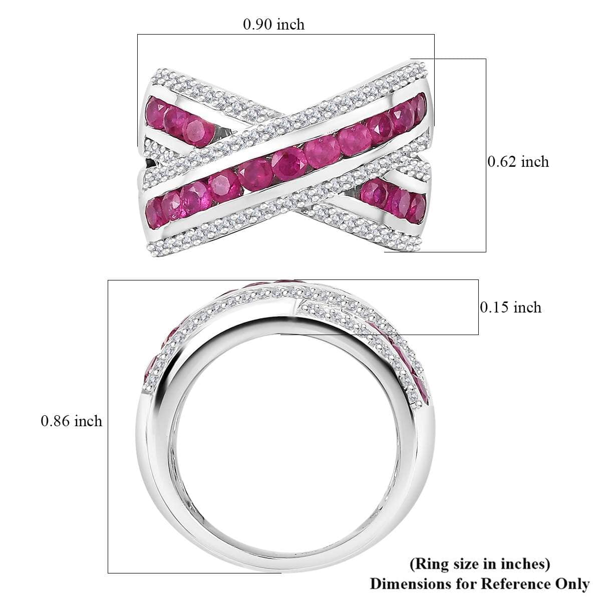 Doorbuster Premium Mozambique Ruby and White Zircon 2.35 ctw Bridge Over Ring in Rhodium Over Sterling Silver (Size 7.0) image number 5