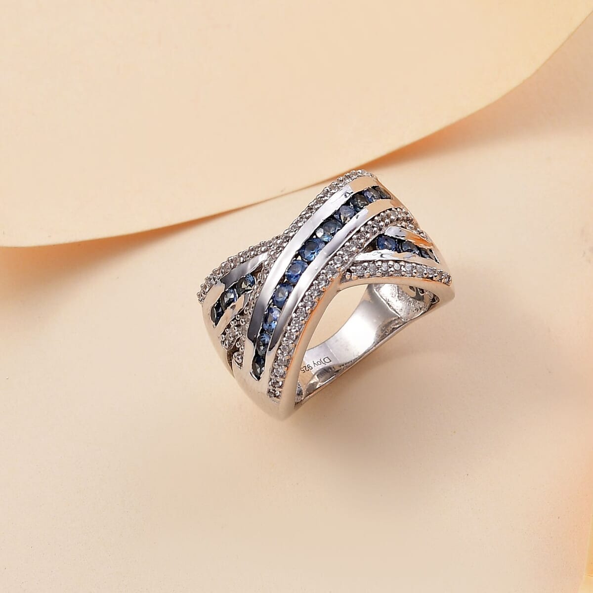Premium Ceylon Blue Sapphire and White Zircon 1.90 ctw Bridge Over Ring in Rhodium Over Sterling Silver (Size 6.0) image number 1