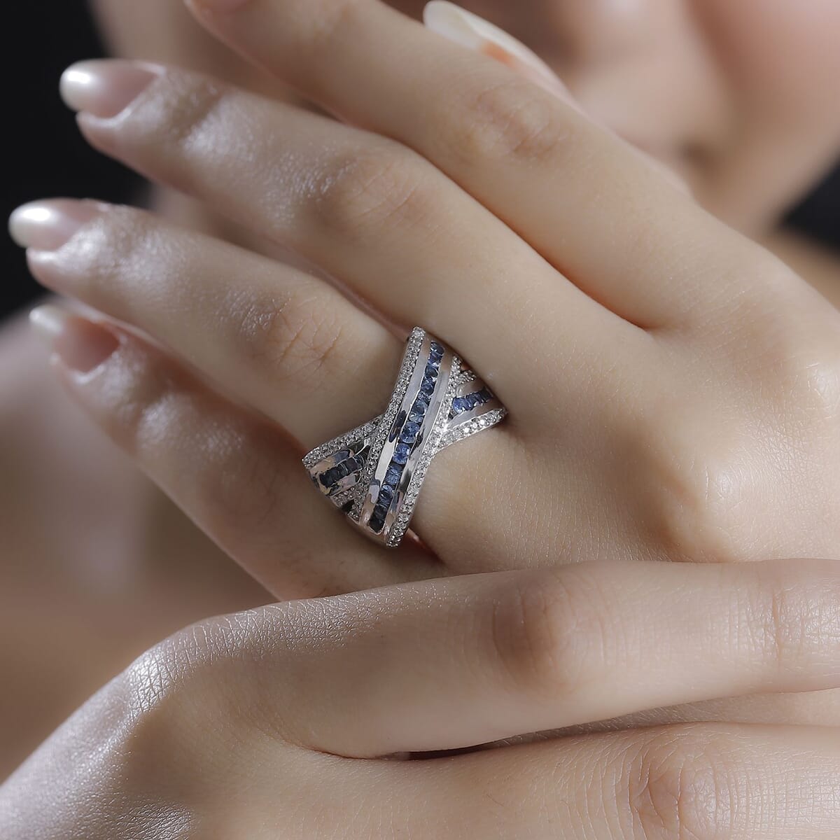Premium Ceylon Blue Sapphire and White Zircon 1.90 ctw Bridge Over Ring in Rhodium Over Sterling Silver (Size 6.0) image number 2