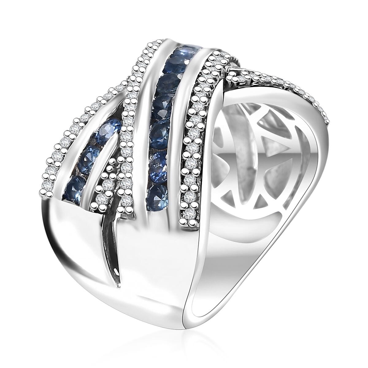 Premium Ceylon Blue Sapphire and White Zircon 1.90 ctw Bridge Over Ring in Rhodium Over Sterling Silver (Size 6.0) image number 3