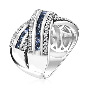 Premium Ceylon Blue Sapphire and White Zircon 1.90 ctw Bridge Over Ring in Rhodium Over Sterling Silver (Size 6.0)