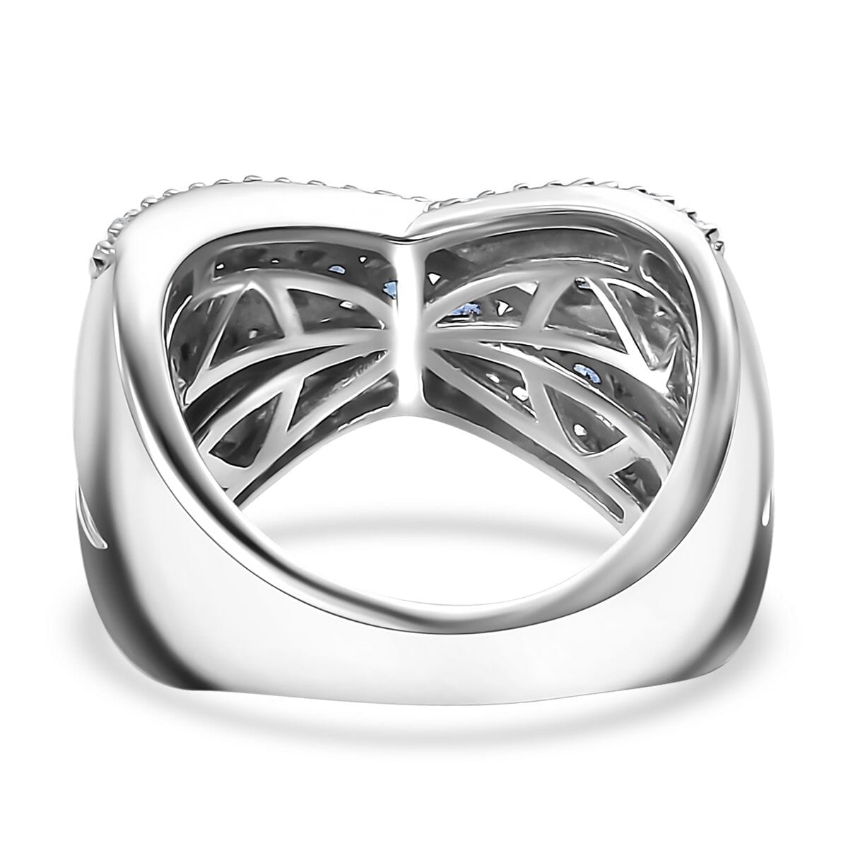 Premium Ceylon Blue Sapphire and White Zircon 1.90 ctw Bridge Over Ring in Rhodium Over Sterling Silver (Size 6.0) image number 4