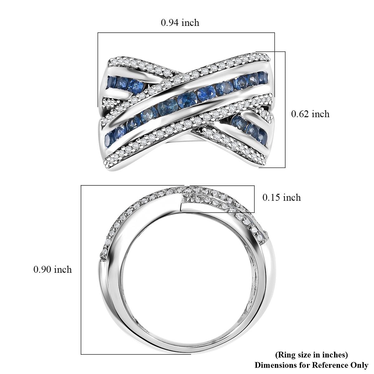 Premium Ceylon Blue Sapphire and White Zircon 1.90 ctw Bridge Over Ring in Rhodium Over Sterling Silver (Size 6.0) image number 5