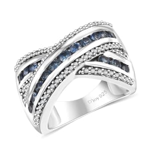 Premium Ceylon Blue Sapphire and White Zircon 1.90 ctw Bridge Over Ring in Rhodium Over Sterling Silver (Size 7.0)