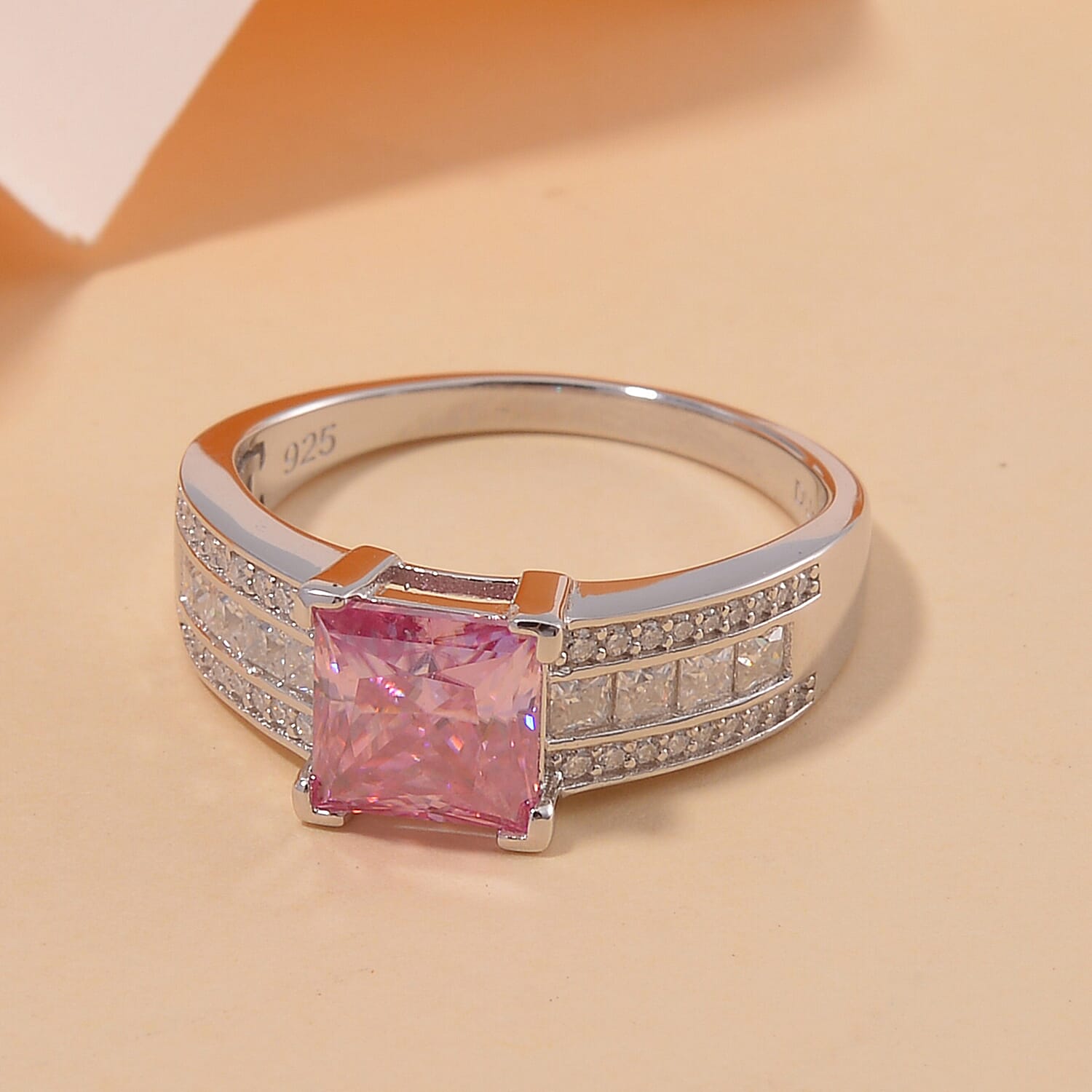 Lotus Pink and White Moissanite 2.30 ctw Bridge Ring in Rhodium Over Sterling Silver (Size 10.0)