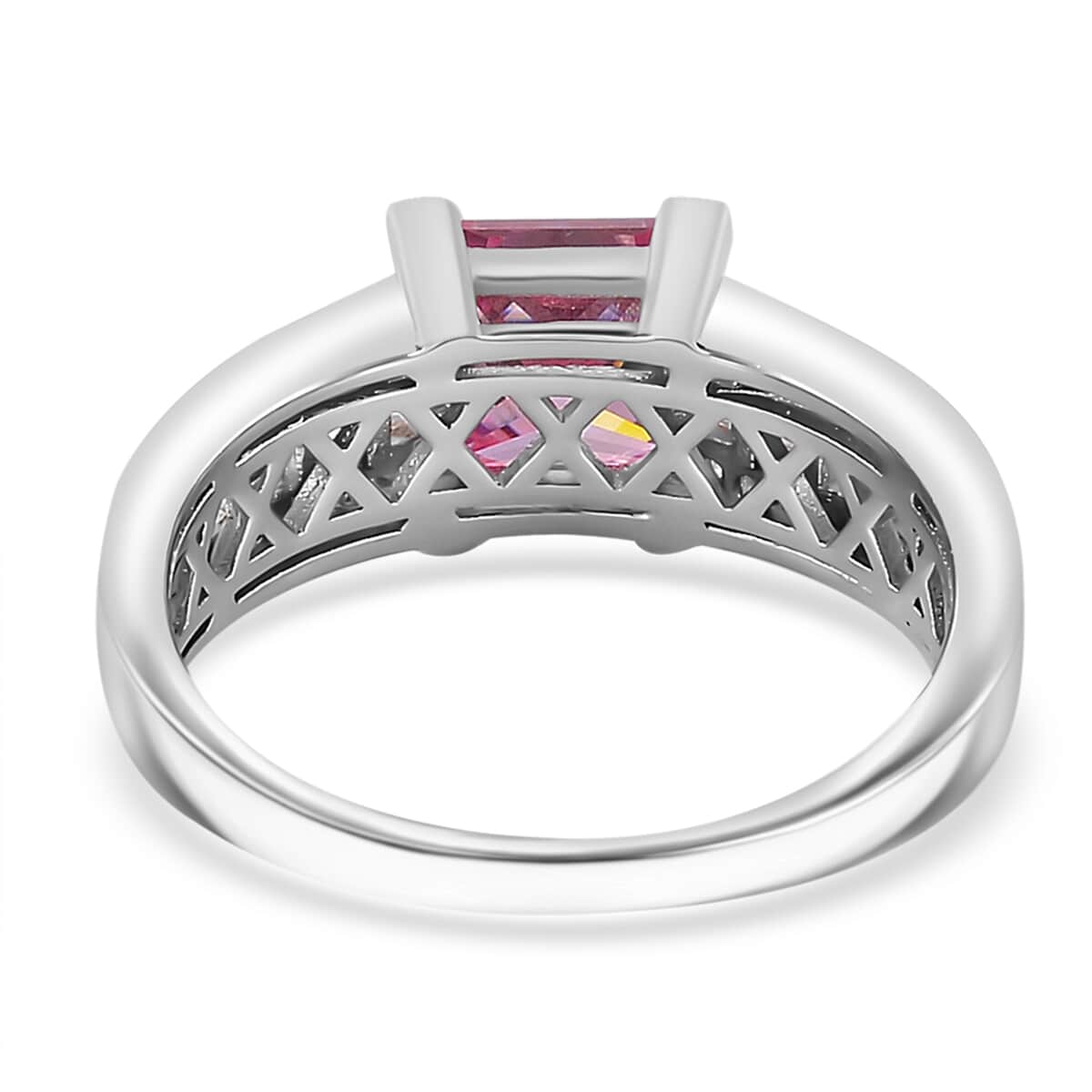 Lotus Pink and White Moissanite 2.30 ctw Bridge Ring in Rhodium Over Sterling Silver (Size 10.0) image number 4