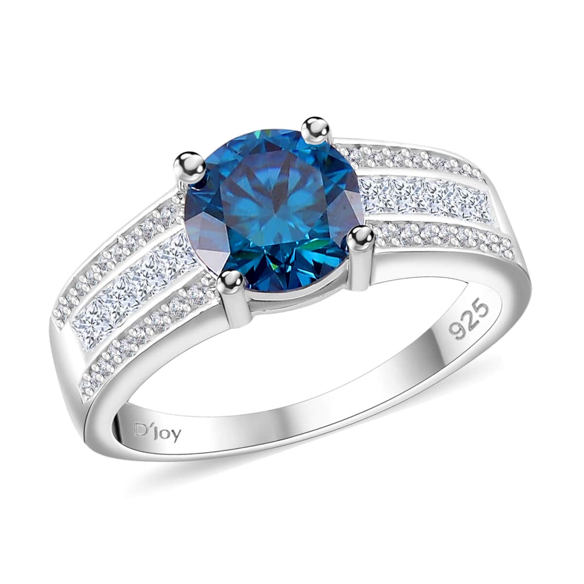 Heart and Arrow Cut Sapphire Blue Moissanite (Rnd 8mm), Moissanite Bridge Ring in Rhodium Over Sterling Silver (Size 10.0) 2.30 ctw image number 0