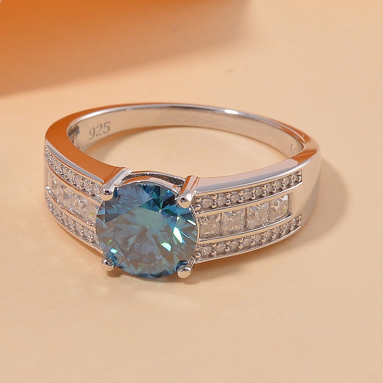 Heart and Arrow Cut Sapphire Blue and White Moissanite 2.30 ctw Bridge Ring in Rhodium Over Sterling Silver (Size 10.0)