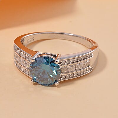 Heart and Arrow Cut Sapphire Blue and White Moissanite 2.30 ctw Bridge Ring in Rhodium Over Sterling Silver (Size 10.0)