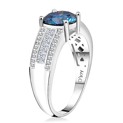 Heart and Arrow Cut Sapphire Blue and White Moissanite 2.30 ctw Bridge Ring in Rhodium Over Sterling Silver (Size 10.0)
