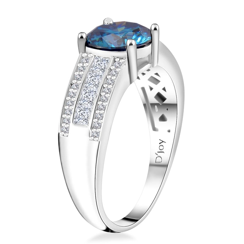 Heart and Arrow Cut Sapphire Blue and White Moissanite 2.30 ctw Bridge Ring in Rhodium Over Sterling Silver (Size 10.0)