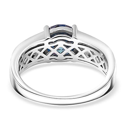 Heart and Arrow Cut Sapphire Blue and White Moissanite 2.30 ctw Bridge Ring in Rhodium Over Sterling Silver (Size 10.0)