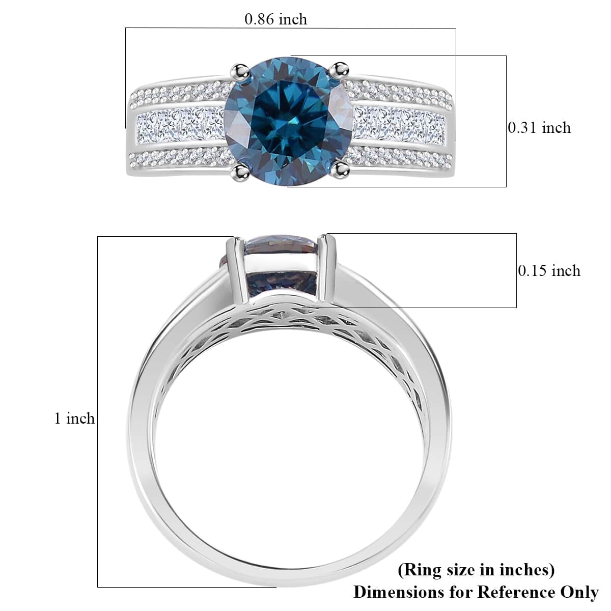 Heart and Arrow Cut Sapphire Blue Moissanite (Rnd 8mm), Moissanite Bridge Ring in Rhodium Over Sterling Silver (Size 10.0) 2.30 ctw image number 5