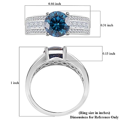 Heart and Arrow Cut Sapphire Blue and White Moissanite 2.30 ctw Bridge Ring in Rhodium Over Sterling Silver (Size 10.0)
