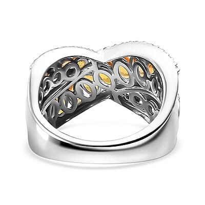 D'Joy Madagascar Yellow Sapphire and White Zircon 4.10 ctw Bridge Over Ring in Rhodium Over Sterling Silver (Size 6.0)