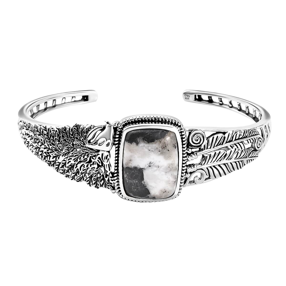 Artisan Crafted White Buffalo 19.60 ctw Eagle and Feather Cuff Bracelet in Black Oxidized Sterling Silver (7.25 In) image number 0