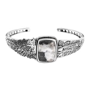 Artisan Crafted White Buffalo 19.60 ctw Eagle and Feather Cuff Bracelet in Black Oxidized Sterling Silver (7.25 In)