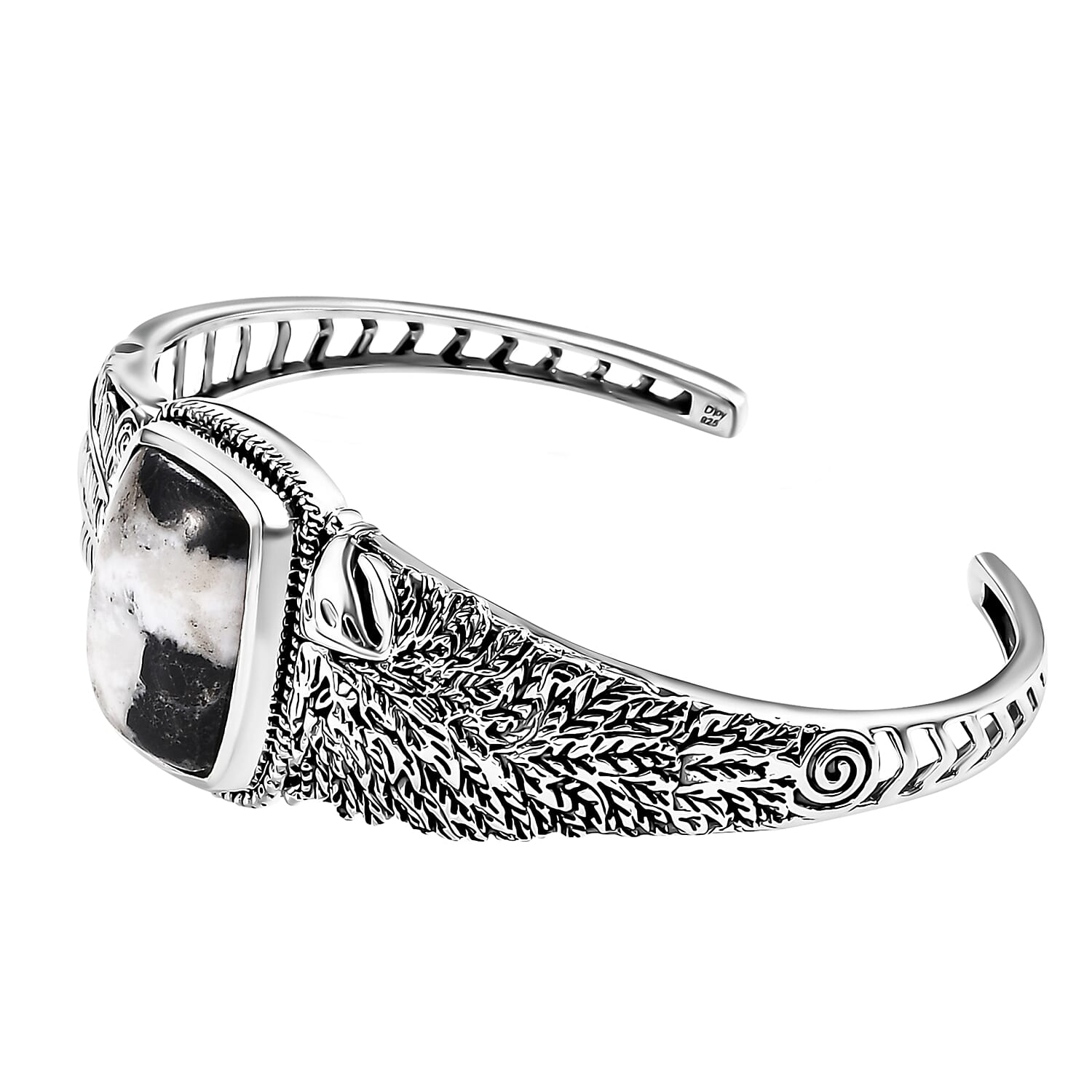 D'Joy Artisan Crafted White Buffalo 19.60 ctw Eagle and Feather Cuff Bracelet in Black Oxidized Sterling Silver (7.25 In)