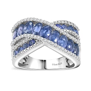 Ceylon Blue Sapphire and White Zircon 3.85 ctw Bridge Over Ring in Rhodium Over Sterling Silver (Size 8.0)