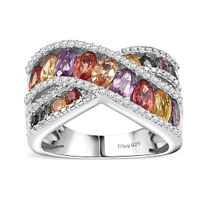 Multi Sapphire and White Zircon 4.00 ctw Bridge Over Ring in Rhodium Over Sterling Silver (Size 7.0)