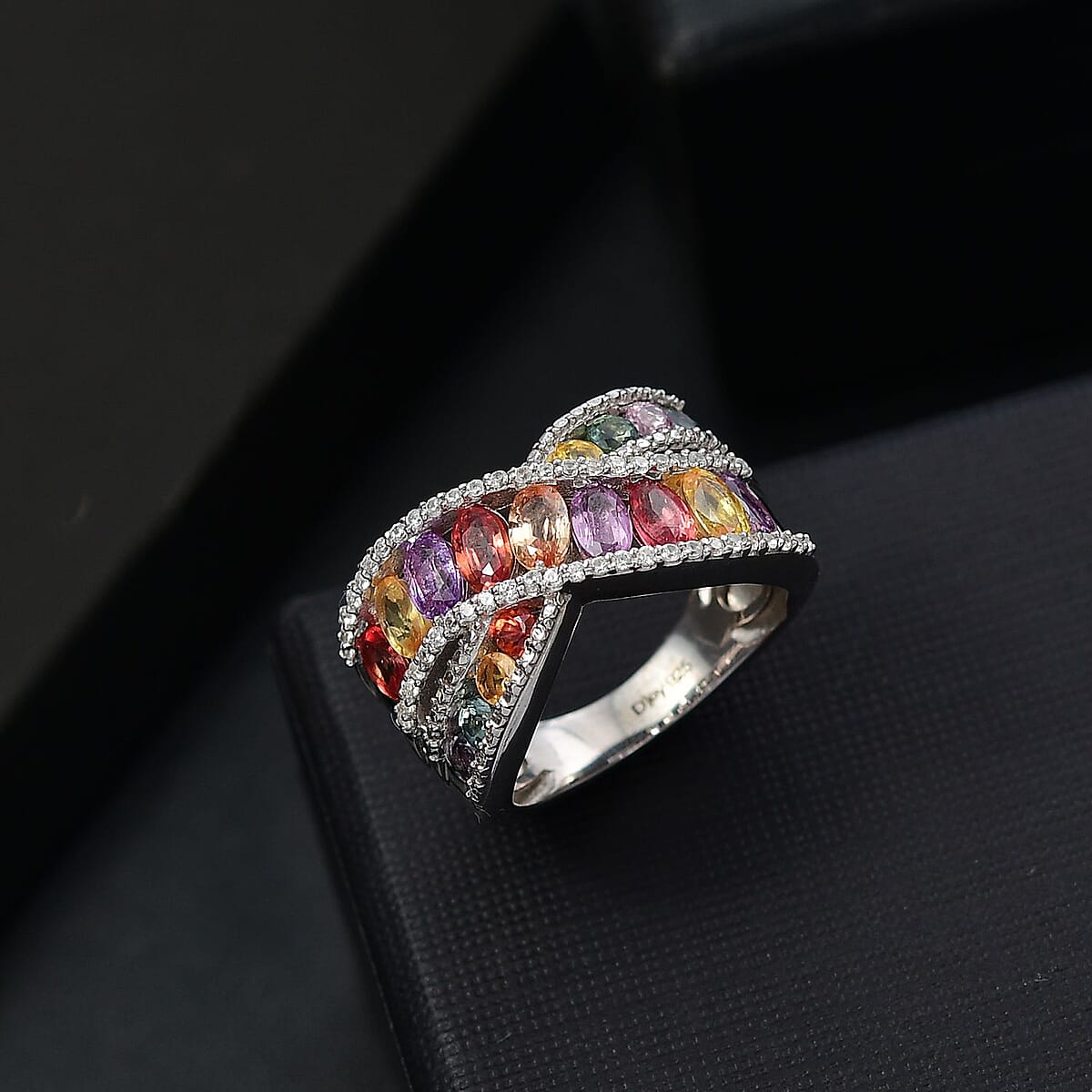 Multi Sapphire and White Zircon 4.00 ctw Bridge Over Ring in Rhodium Over Sterling Silver (Size 7.0) image number 1