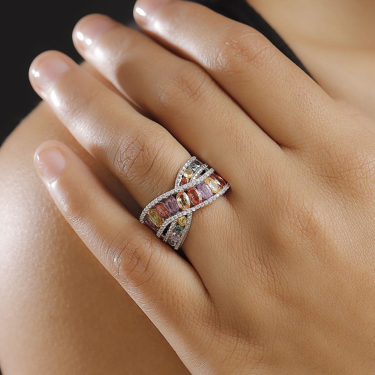 Multi Sapphire and White Zircon 4.00 ctw Bridge Over Ring in Rhodium Over Sterling Silver (Size 7.0) image number 2