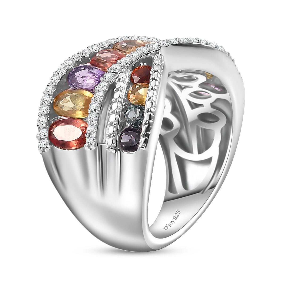 Multi Sapphire and White Zircon 4.00 ctw Bridge Over Ring in Rhodium Over Sterling Silver (Size 7.0) image number 3