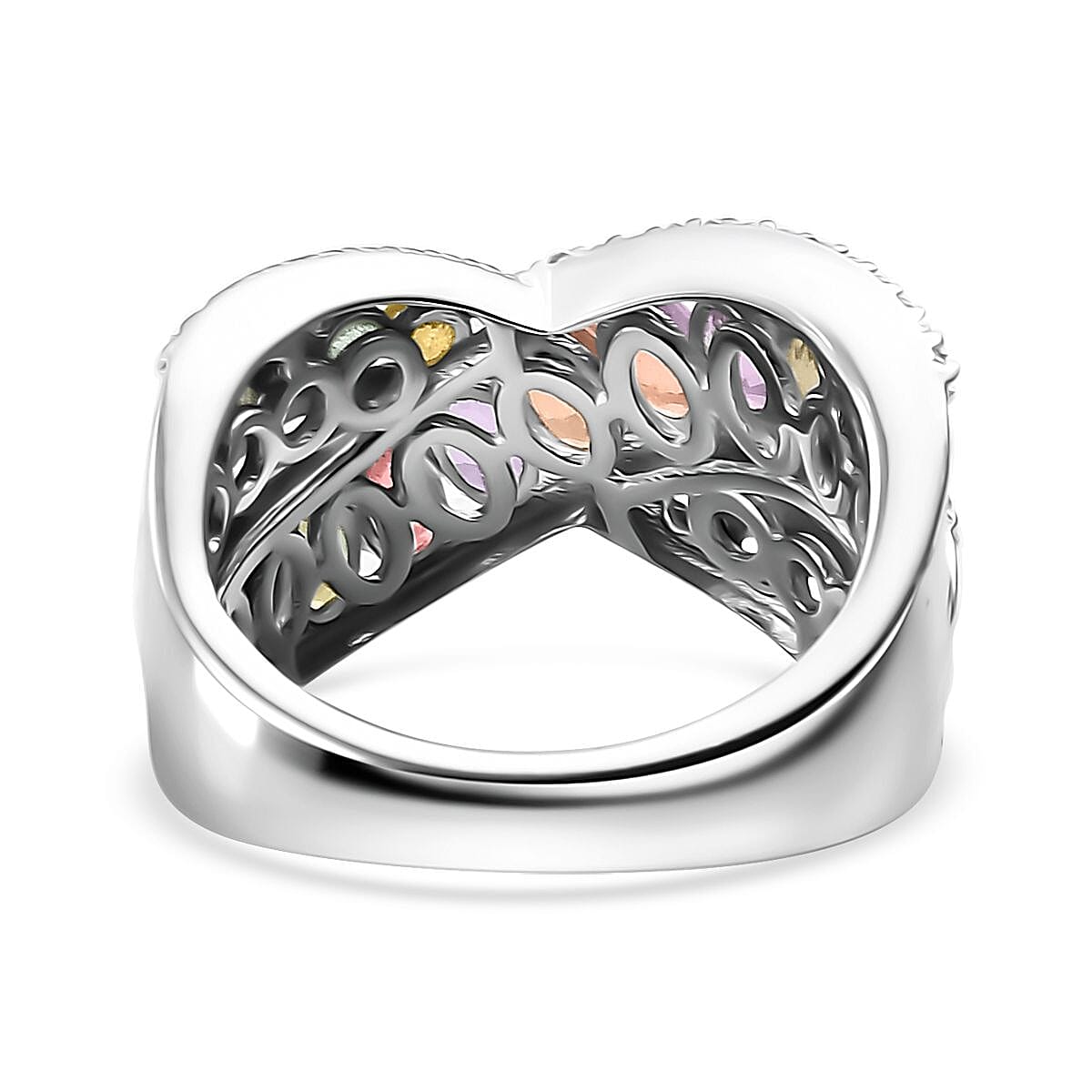 Multi Sapphire and White Zircon 4.00 ctw Bridge Over Ring in Rhodium Over Sterling Silver (Size 7.0) image number 4