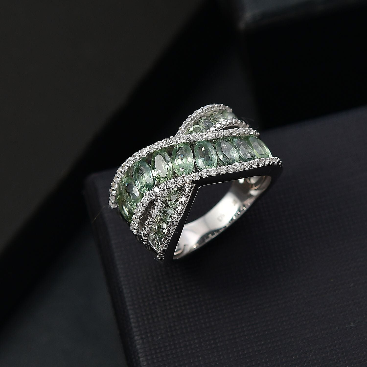 D'Joy Madagascar Green Sapphire and White Zircon 3.65 ctw Bridge Over Ring in Rhodium Over Sterling Silver (Size 7.0)