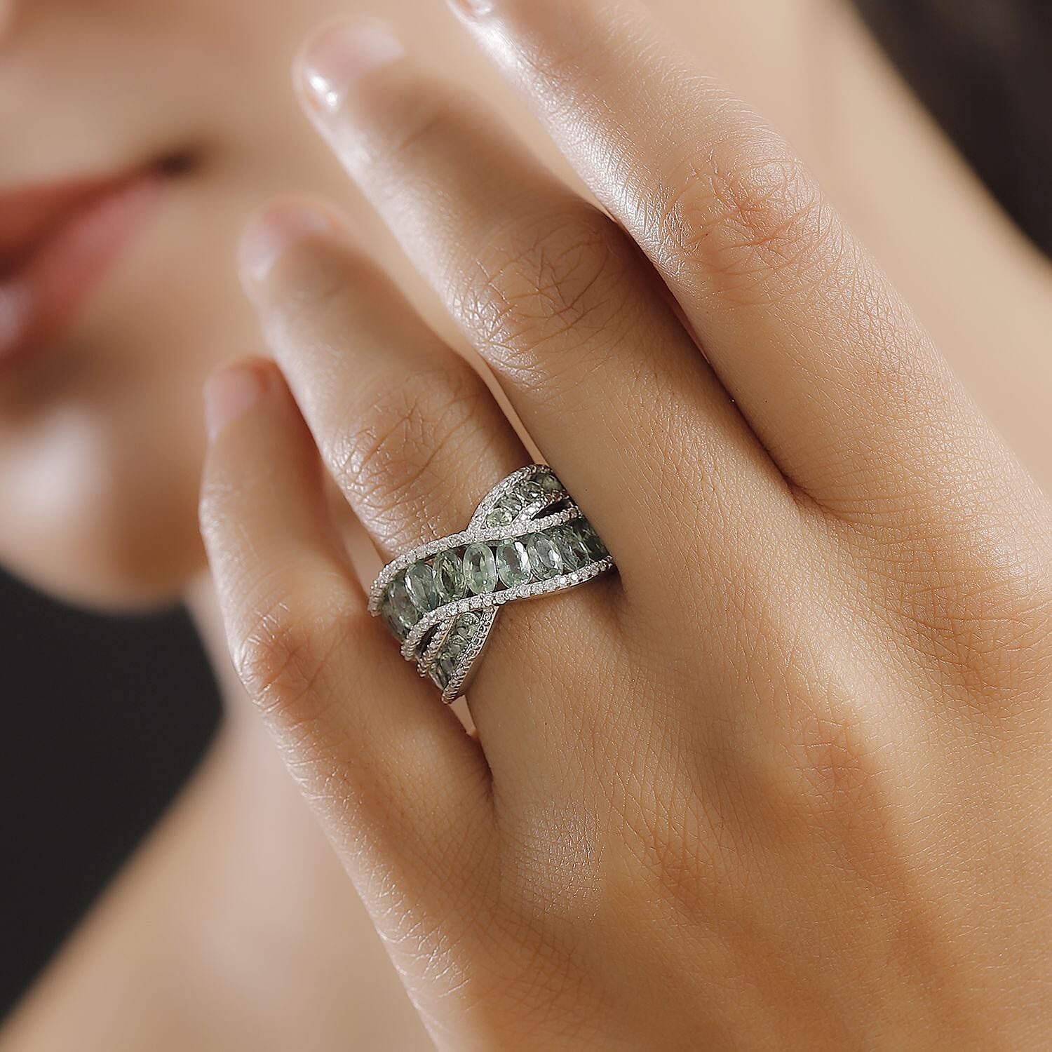D'Joy Madagascar Green Sapphire and White Zircon 3.65 ctw Bridge Over Ring in Rhodium Over Sterling Silver (Size 7.0)