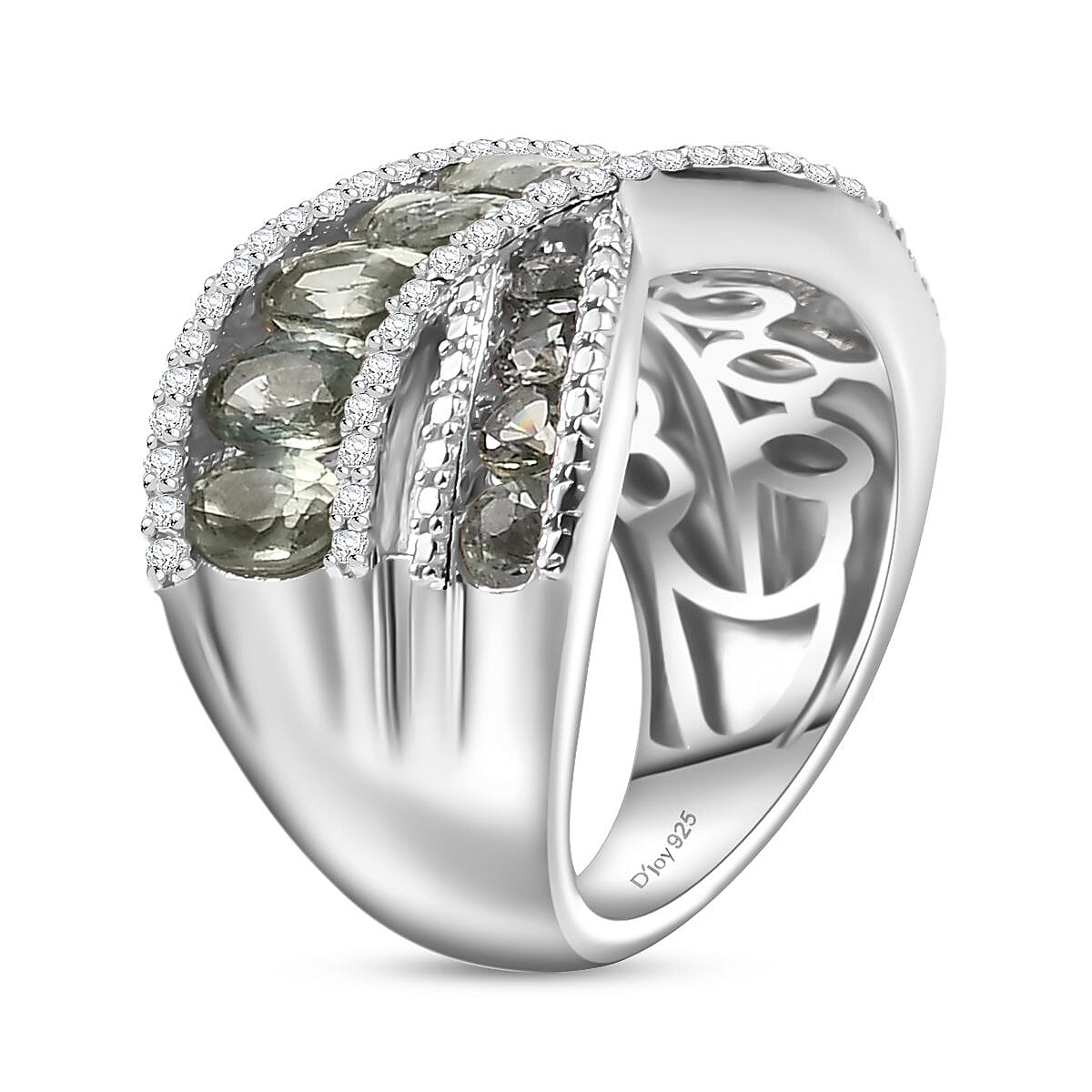 D'Joy Madagascar Green Sapphire and White Zircon 3.65 ctw Bridge Over Ring in Rhodium Over Sterling Silver (Size 7.0)