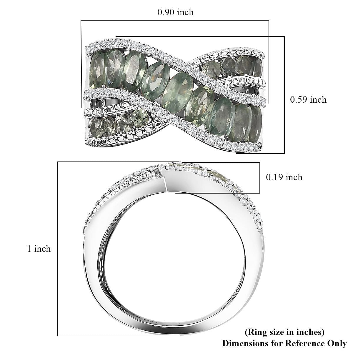 D'Joy Madagascar Green Sapphire and White Zircon 3.65 ctw Bridge Over Ring in Rhodium Over Sterling Silver (Size 7.0)