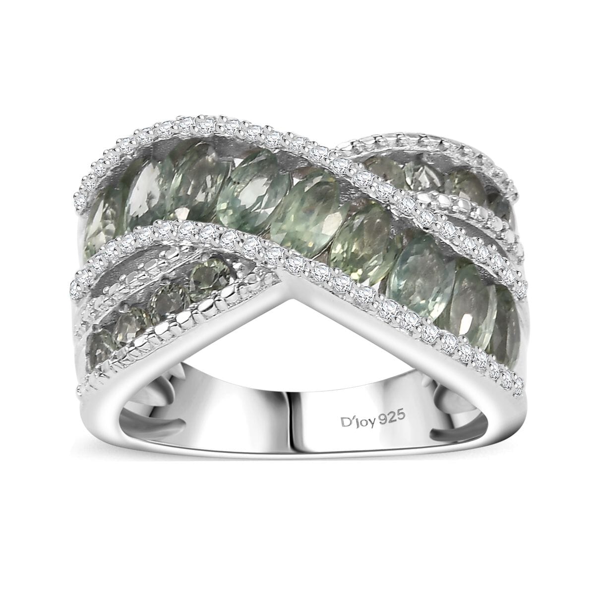 Madagascar Green Sapphire and White Zircon 3.65 ctw Bridge Over Ring in Rhodium Over Sterling Silver (Size 8.0) image number 0