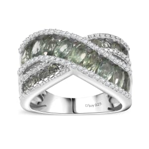 Madagascar Green Sapphire and White Zircon 3.65 ctw Bridge Over Ring in Rhodium Over Sterling Silver (Size 8.0)