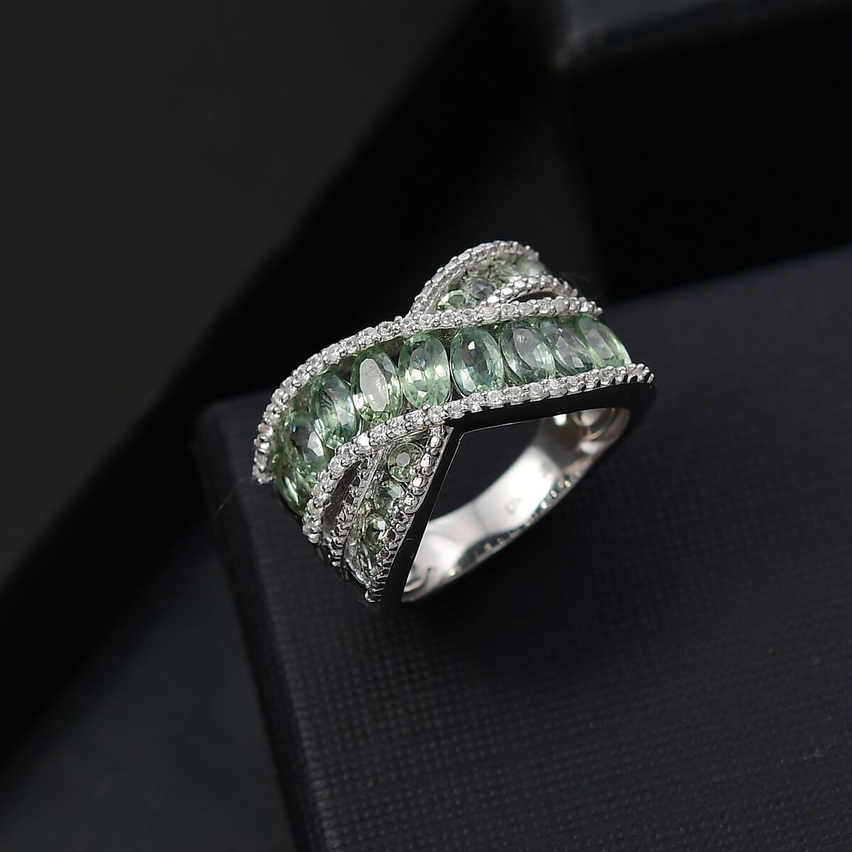 Madagascar Green Sapphire and White Zircon 3.65 ctw Bridge Over Ring in Rhodium Over Sterling Silver (Size 8.0) image number 1