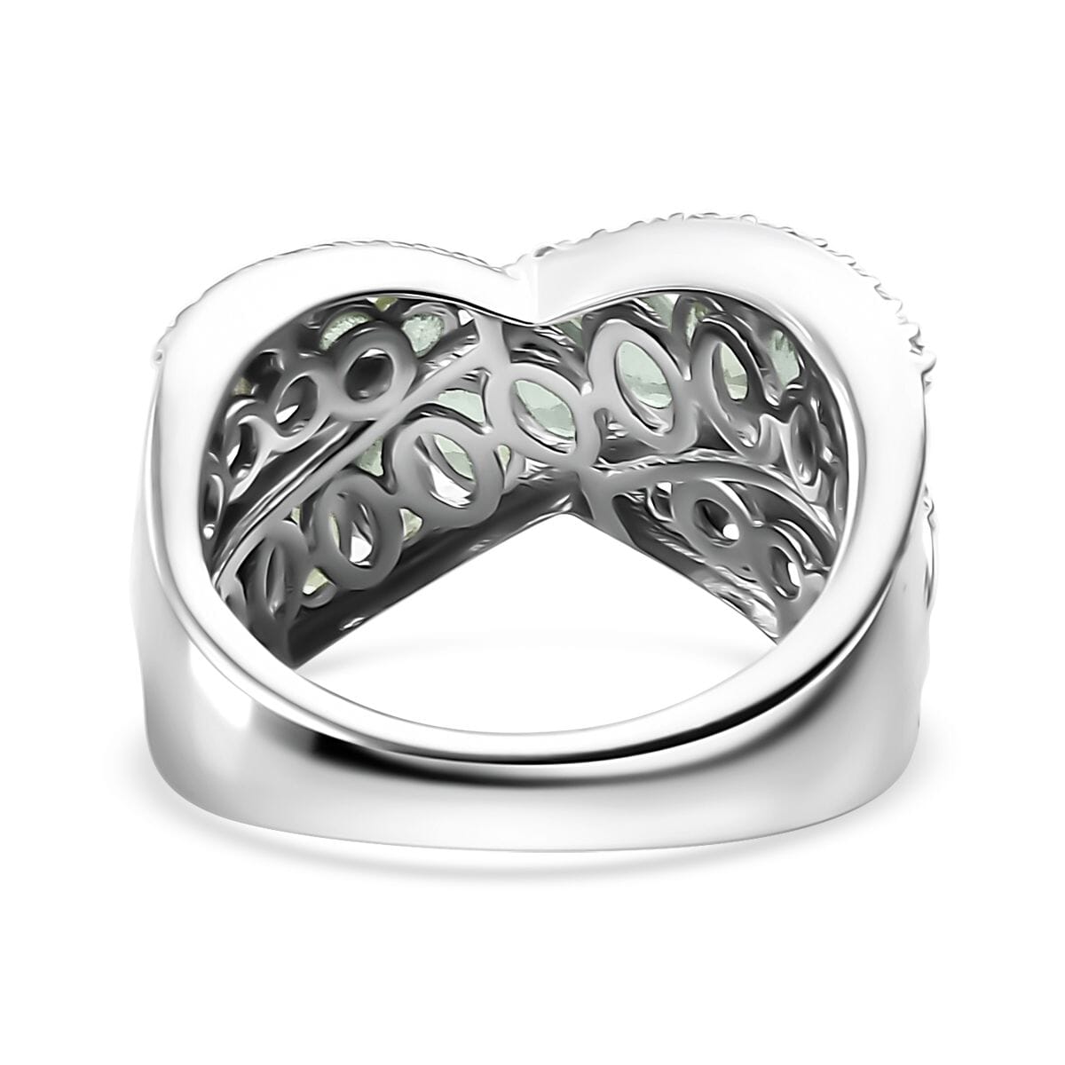Madagascar Green Sapphire and White Zircon 3.65 ctw Bridge Over Ring in Rhodium Over Sterling Silver (Size 8.0) image number 4