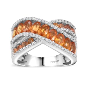 Madagascar Orange Sapphire and White Zircon 3.90 ctw Bridge Over Ring in Rhodium Over Sterling Silver (Size 6.0)