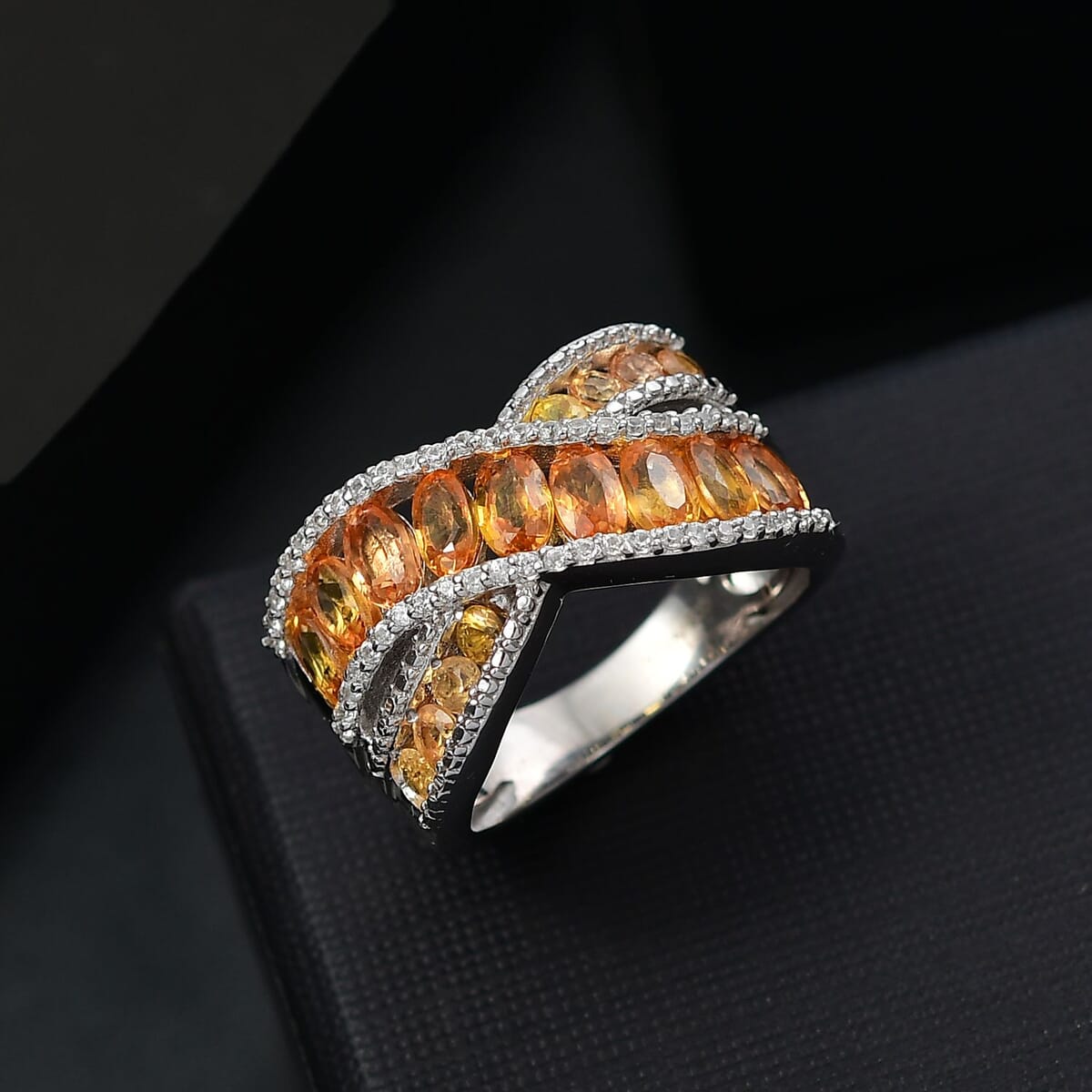 Madagascar Orange Sapphire and White Zircon 3.90 ctw Bridge Over Ring in Rhodium Over Sterling Silver (Size 6.0) image number 1