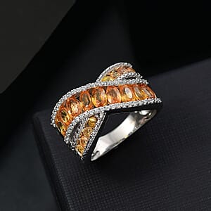 D'Joy Madagascar Orange Sapphire and White Zircon 3.90 ctw Bridge Over Ring in Rhodium Over Sterling Silver (Size 6.0)