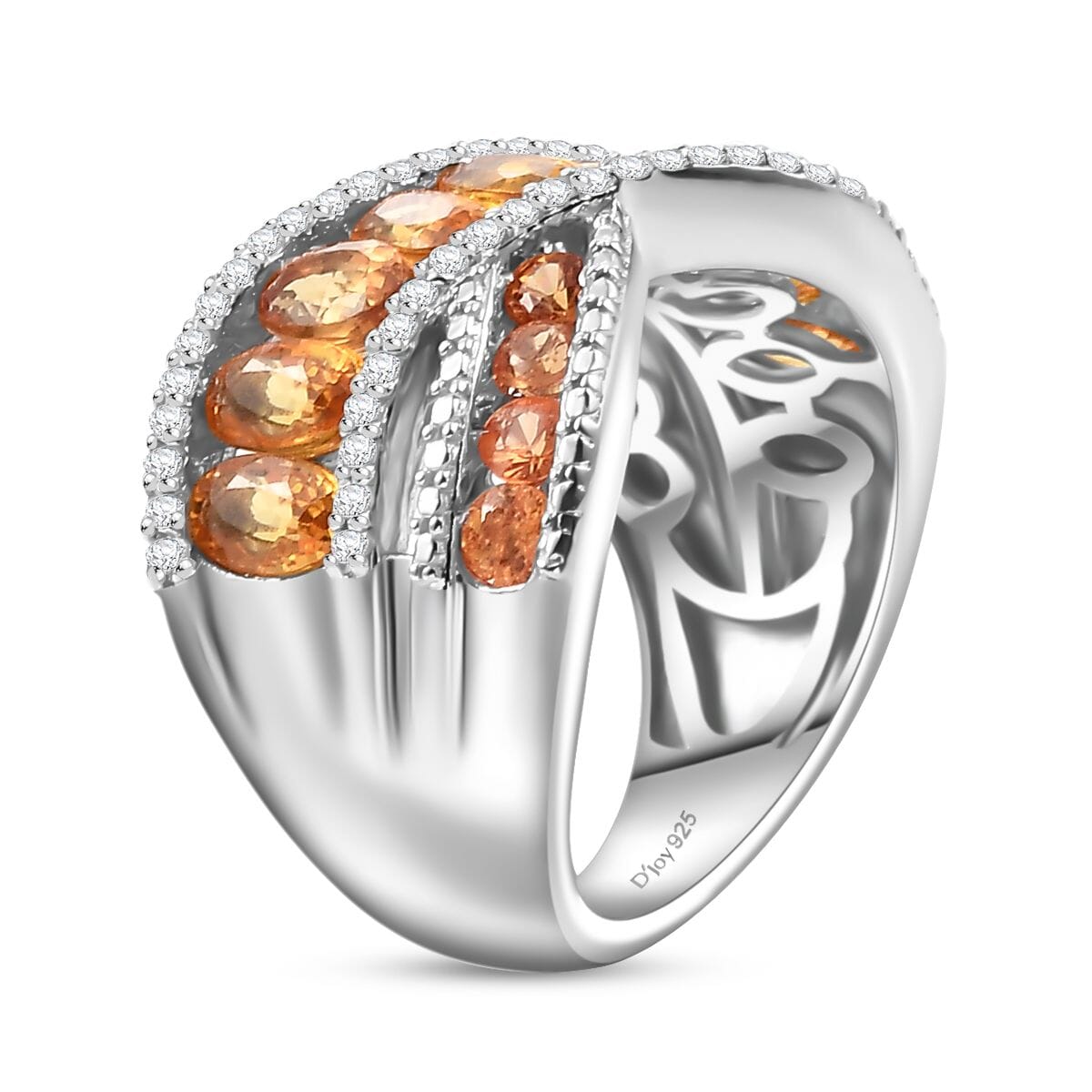 Madagascar Orange Sapphire and White Zircon 3.90 ctw Bridge Over Ring in Rhodium Over Sterling Silver (Size 6.0) image number 3