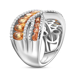 D'Joy Madagascar Orange Sapphire and White Zircon 3.90 ctw Bridge Over Ring in Rhodium Over Sterling Silver (Size 6.0)