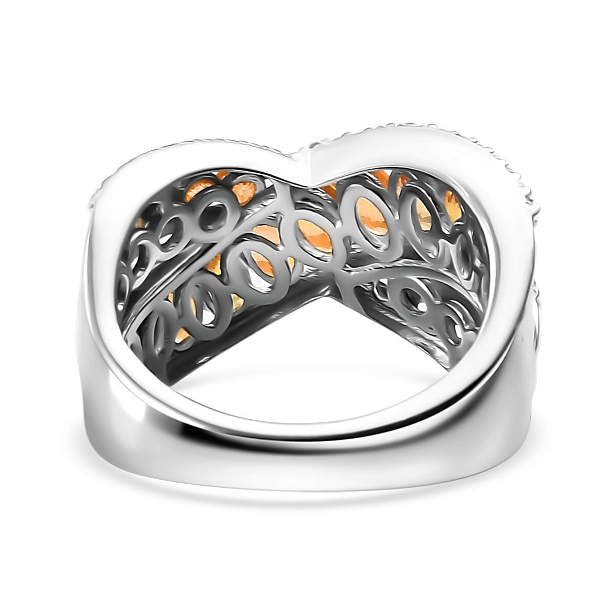 Madagascar Orange Sapphire and White Zircon 3.90 ctw Bridge Over Ring in Rhodium Over Sterling Silver (Size 6.0) image number 4