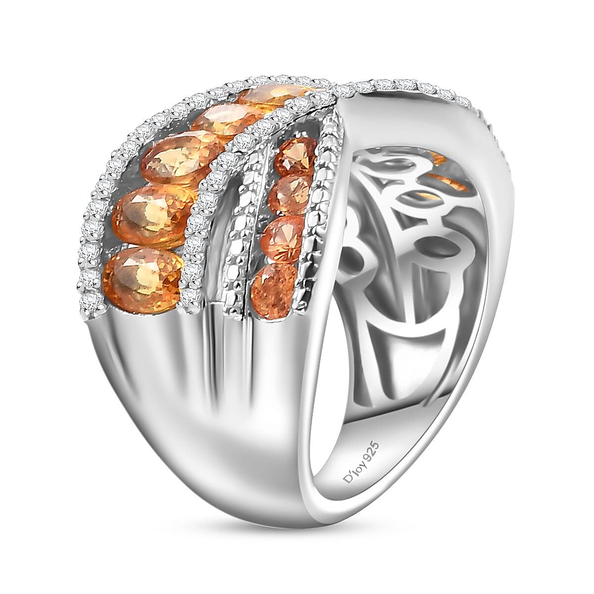 Madagascar Orange Sapphire and White Zircon 3.90 ctw Bridge Over Ring in Rhodium Over Sterling Silver (Size 7.0) image number 3