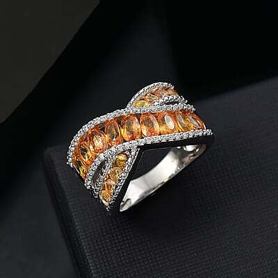 D'Joy Madagascar Orange Sapphire and White Zircon 3.90 ctw Bridge Over Ring in Rhodium Over Sterling Silver (Size 8.0)