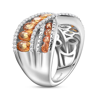 D'Joy Madagascar Orange Sapphire and White Zircon 3.90 ctw Bridge Over Ring in Rhodium Over Sterling Silver (Size 8.0)