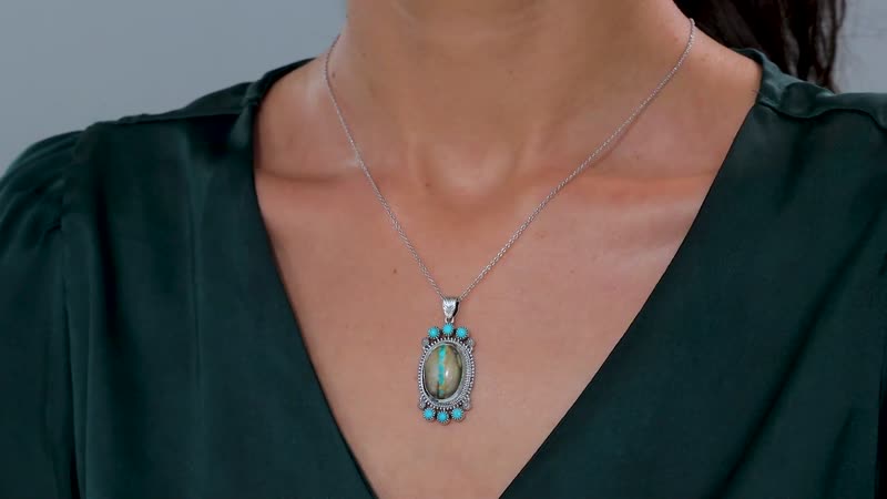 D'Joy Artisan Crafted Royston Ribbon Turquoise and Sleeping Beauty Turquoise 12.00 ctw Pendant without Chain in Black Oxidized Sterling Silver