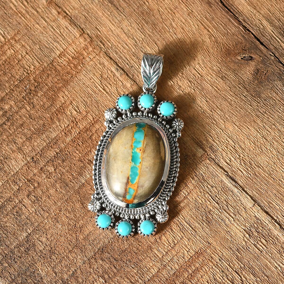 Artisan Crafted Royston Ribbon Turquoise and Sleeping Beauty Turquoise 12.00 ctw Pendant in Black Oxidized Sterling Silver image number 1