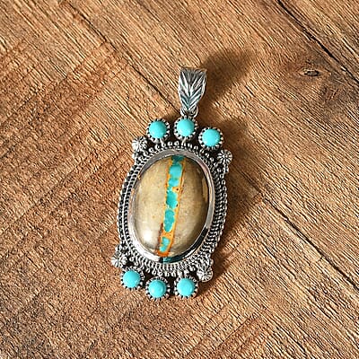 D'Joy Artisan Crafted Royston Ribbon Turquoise and Sleeping Beauty Turquoise 12.00 ctw Pendant without Chain in Black Oxidized Sterling Silver
