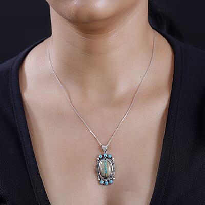 D'Joy Artisan Crafted Royston Ribbon Turquoise and Sleeping Beauty Turquoise 12.00 ctw Pendant without Chain in Black Oxidized Sterling Silver