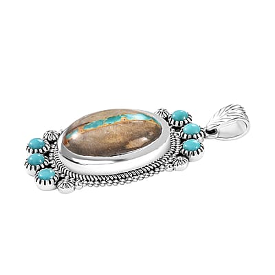 D'Joy Artisan Crafted Royston Ribbon Turquoise and Sleeping Beauty Turquoise 12.00 ctw Pendant without Chain in Black Oxidized Sterling Silver